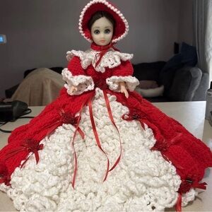 Vintage BIG  Beautiful Doll Handmade Crochet Red Dress And Hat- 1960’s